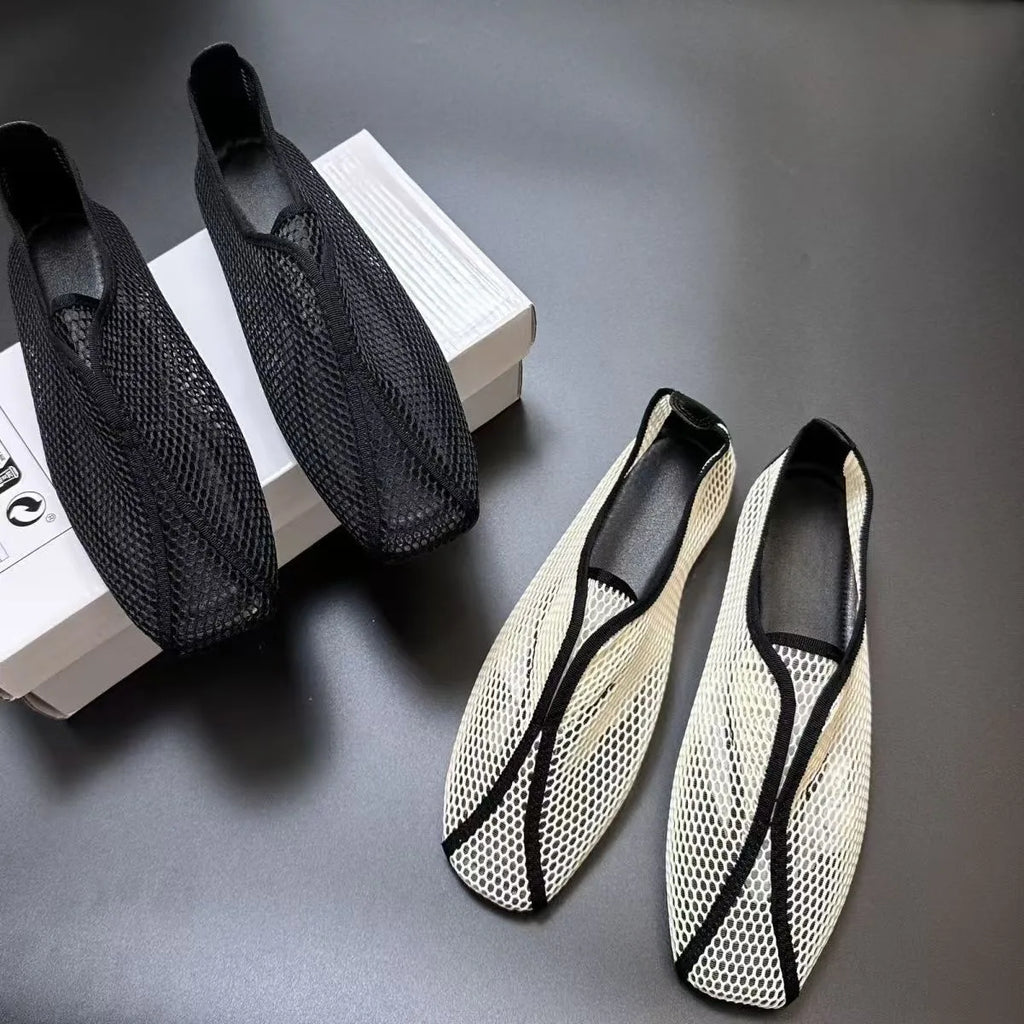 Hollowed-out Mesh Sandals for Women - Summer One-Piece Square-Toe Flat Mary Jane Sandals