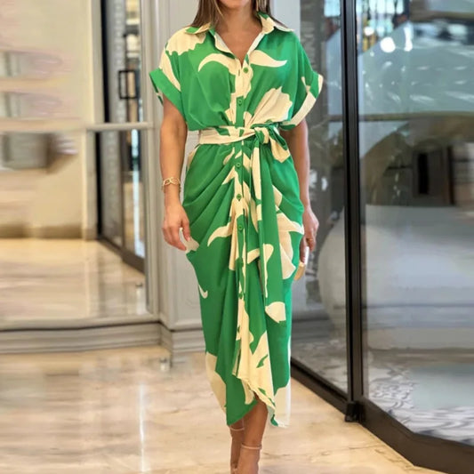 New 2025 Spring Summer Bohemia Shirt Print Dresses Women Turn-down Collar Sashes Long Dress Casual Party Oversized Loose Dress