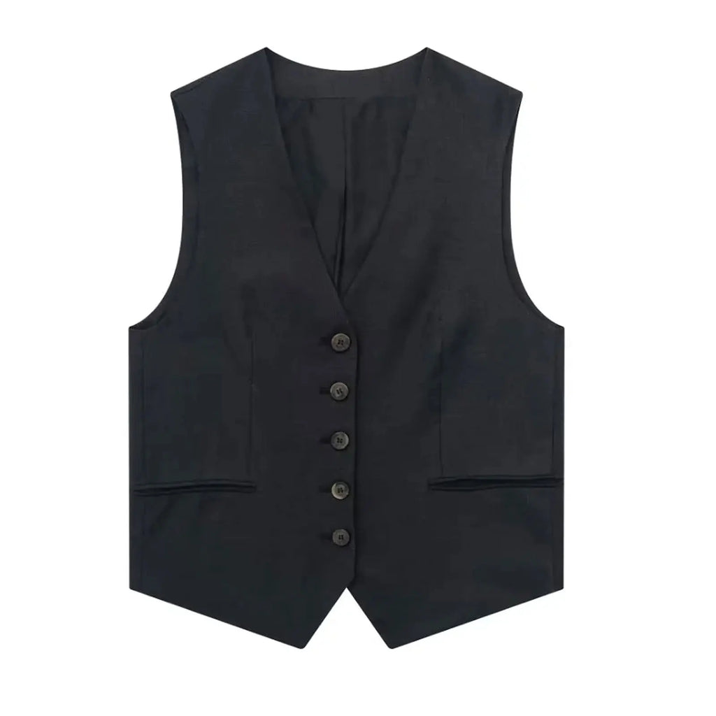 TRAFZA Women Elegant Solid Waistcoat Pant Sets Single Breasted V Neck Vest Top + High Waist Slim Shorts Lady Office Wear Suits