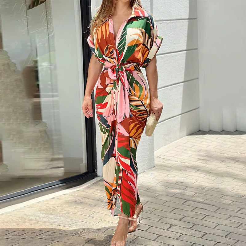 New 2025 Spring Summer Bohemia Shirt Print Dresses Women Turn-down Collar Sashes Long Dress Casual Party Oversized Loose Dress