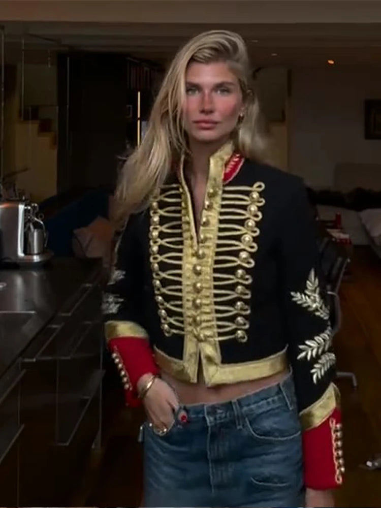Napoleon Golden Short Jacket Women Vintage Stand Collar Long Sleeve Cropped Jackets 2026 Spring New Lady Outwear High Street