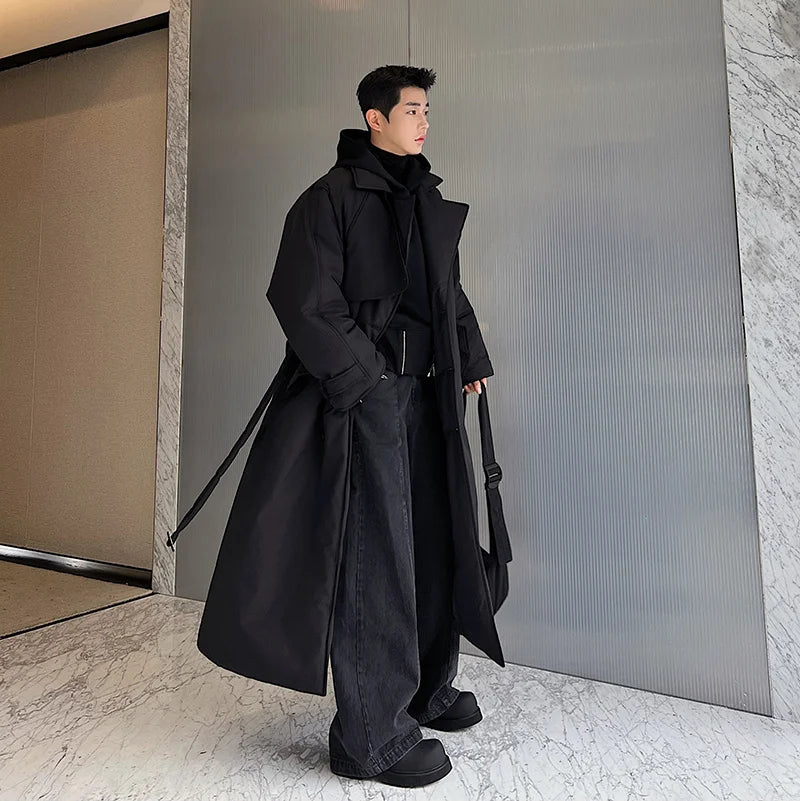 Fashionable Down Cotton-Padded Jacket Men's Trendy Winter Thickened Warm High-End Lace-up Long Overknee Long Sleeve Coats