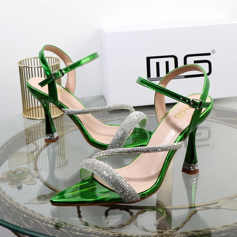 Luxury elegant green shoes 2025 summer new high heels fashion Joker fashion fairy sandals Rhinestone buckle with women's shoes