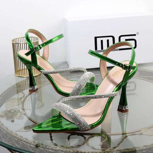 Luxury elegant green shoes 2025 summer new high heels fashion Joker fashion fairy sandals Rhinestone buckle with women's shoes