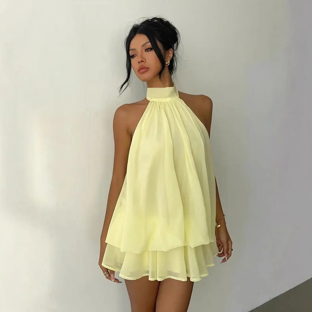 Women’s Backless Halter Neck Dress – Tie‑Front Chiffon Sheer Mini Skirt, Sexy Y2K Vintage Party Dress