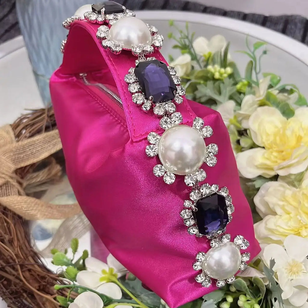 Luxury Designer Pearl Beaded Satin Hobo Bag Women Handbag Rhinestone Diamond Evening Bag Wedding Party Clutch Purse Shoulder Bag