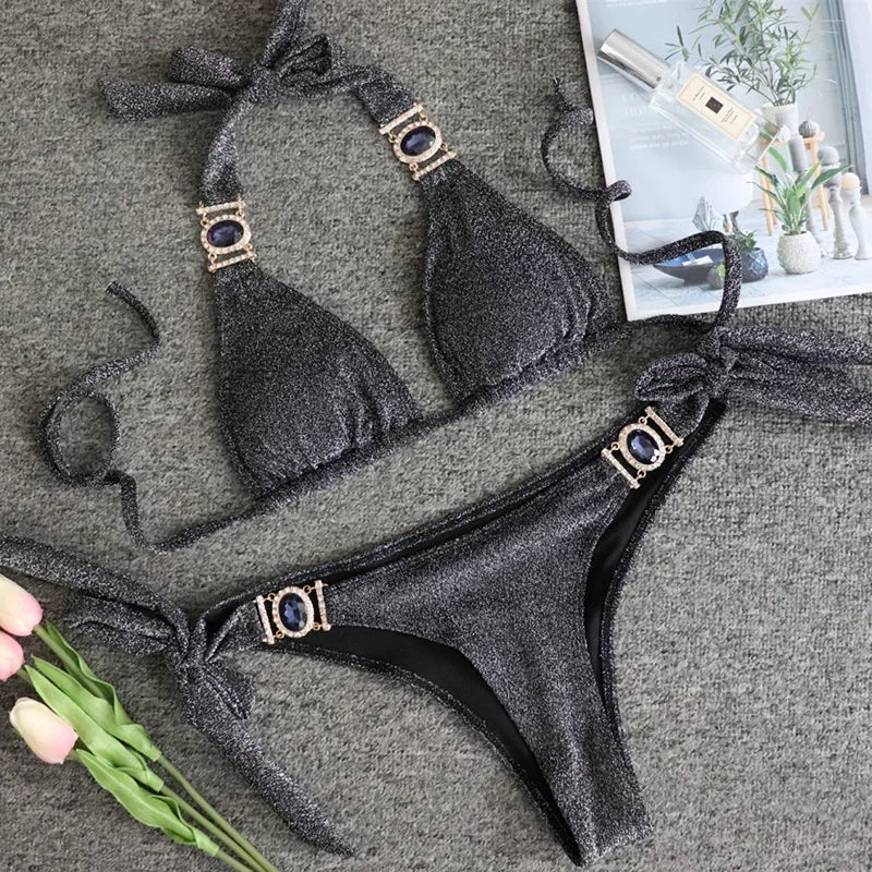 Women’s 2026 Rhinestone Diamond Bikini – Halter Chain Two‑Piece Swimsuit, Sexy Shiny Brazilian Swimwear