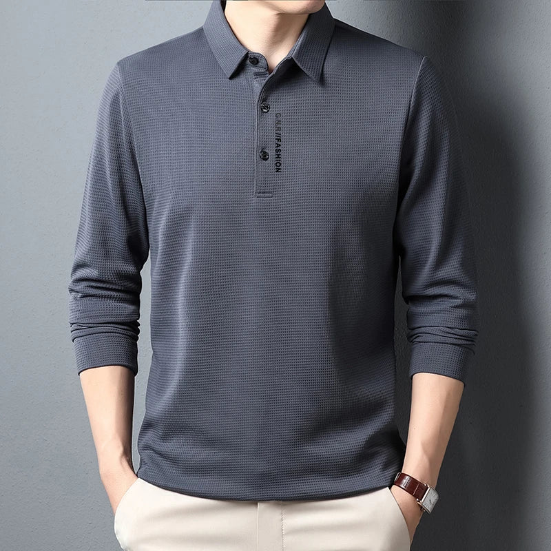 Waffle Knit Long‑Sleeve Polo Shirt