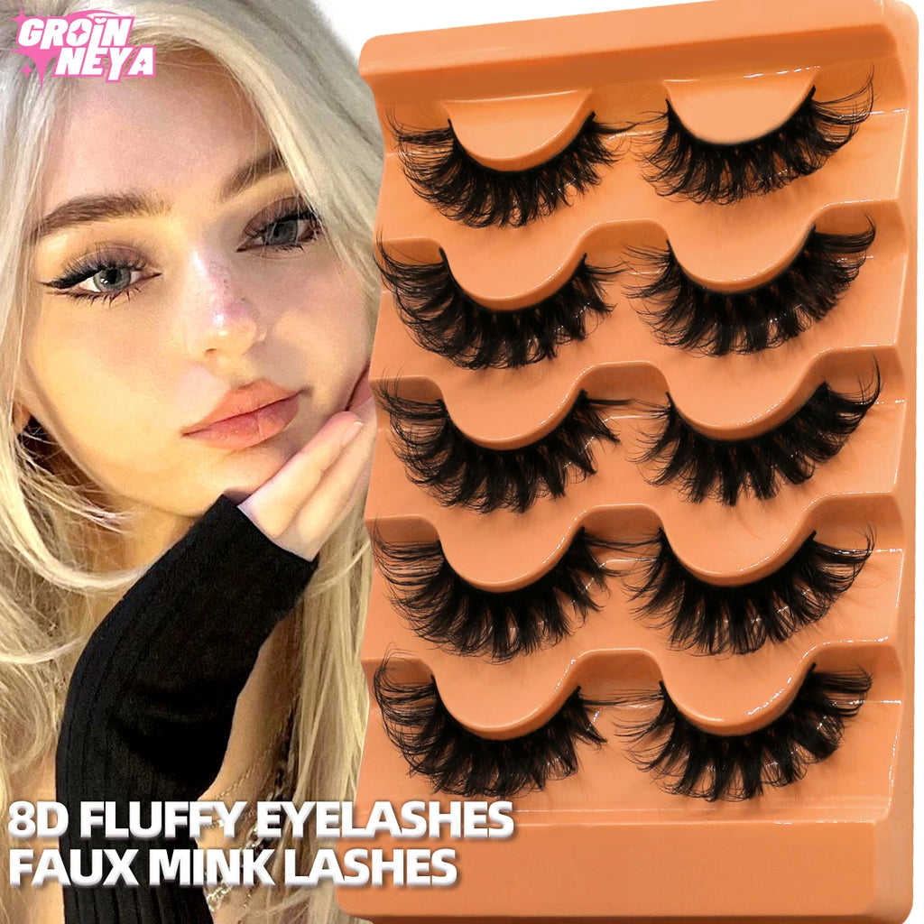 GROINNEYA Fluffy Lashes 5 Pairs D Curl 3D Mink False Eyelashes Thick Volume Russian Strip Lashes Mink Lashes Faux Natural Fake L
