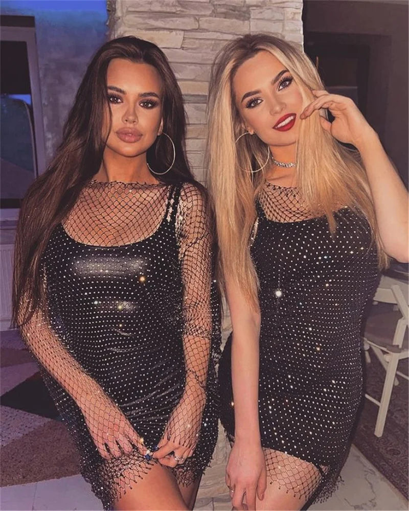 Vintage Diamond Rhinestone Summer Women Sexy Bikini Cover Up Mesh Fishnet Swimsuit Swimwear Dress Bathing Beachwear Dropshipping