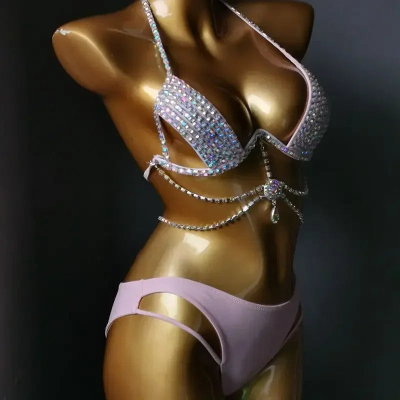 Diamante Bikini Sexy Nightclub Bar DJ Pole Dancing Bikini Sparkly Rhinestones Bra Shorts 2-Piece Set Party Performance Costume
