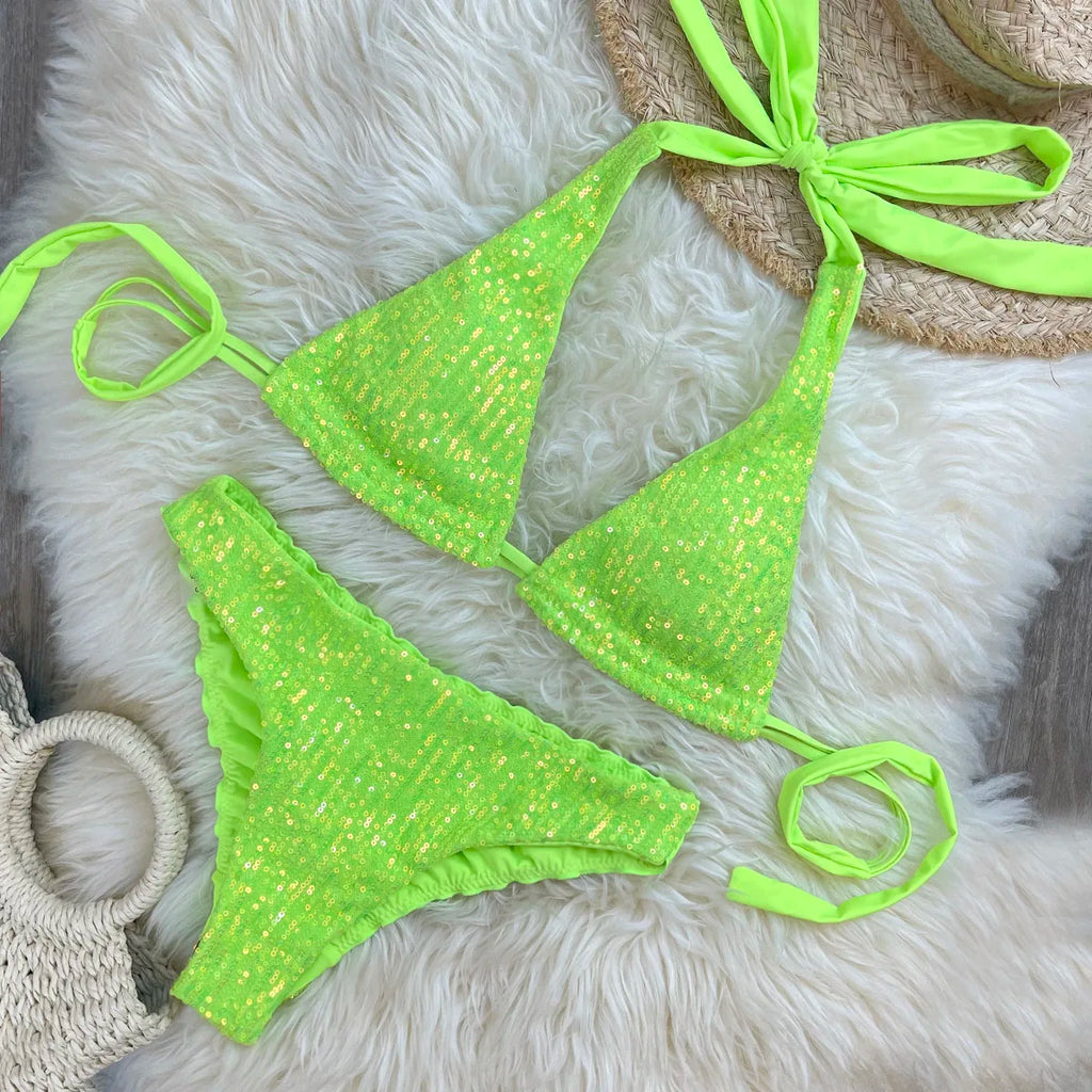 Melphieer Sequins Sparkle Bikini Set — Strappy Bandage Ruching Bum Two‑Piece Swimsuit for Beach, Pool & Holiday Outfits