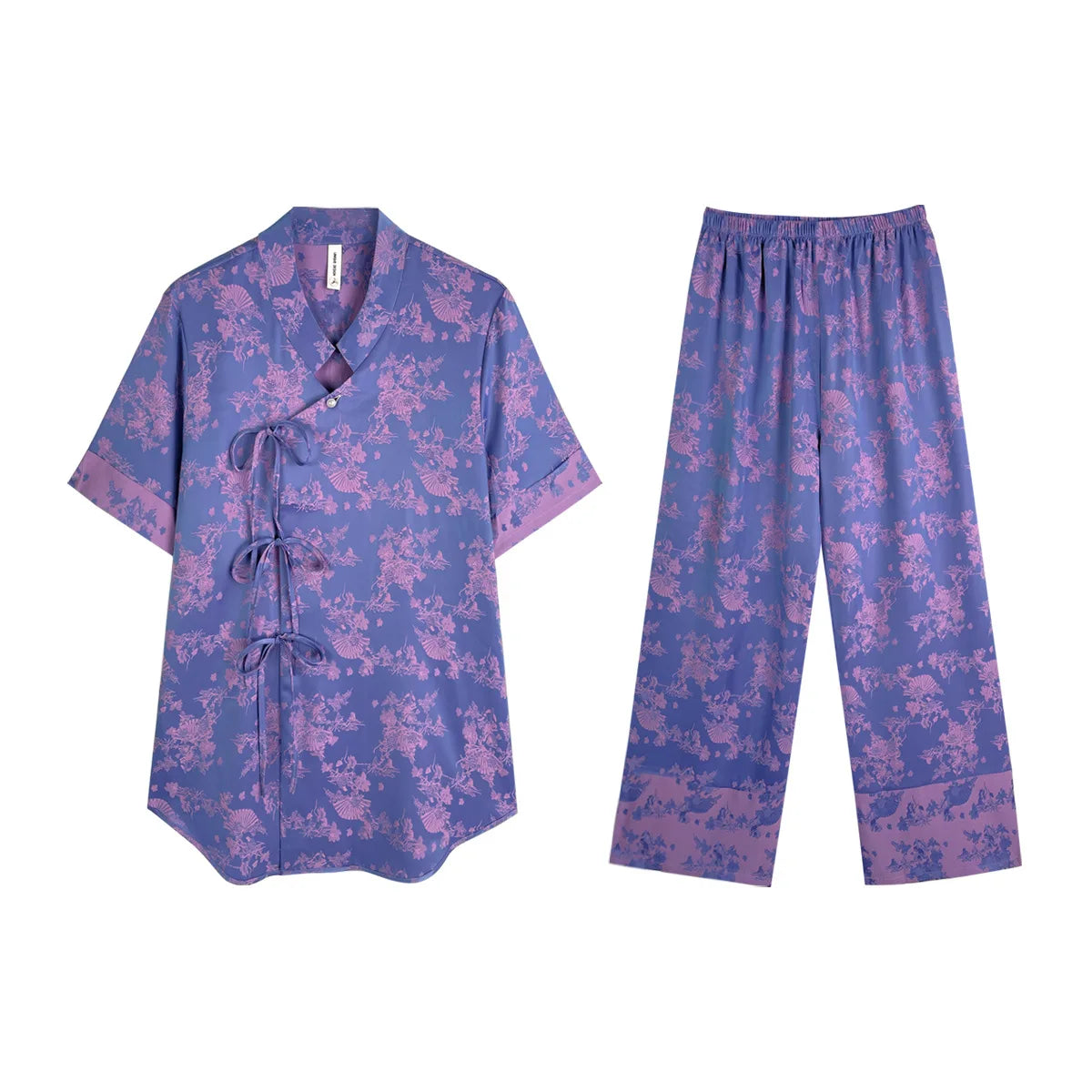 New Chinese Style Pajamas Women Jacquard Flower Sleepwear Short Sleeve Trouser Suits Spring Summer Silk Satin Nightwear Homewear