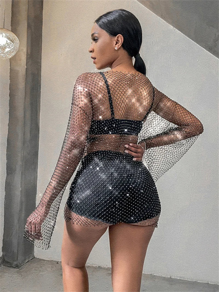 Vintage Diamond Rhinestone Summer Women Sexy Bikini Cover Up Mesh Fishnet Swimsuit Swimwear Dress Bathing Beachwear Dropshipping