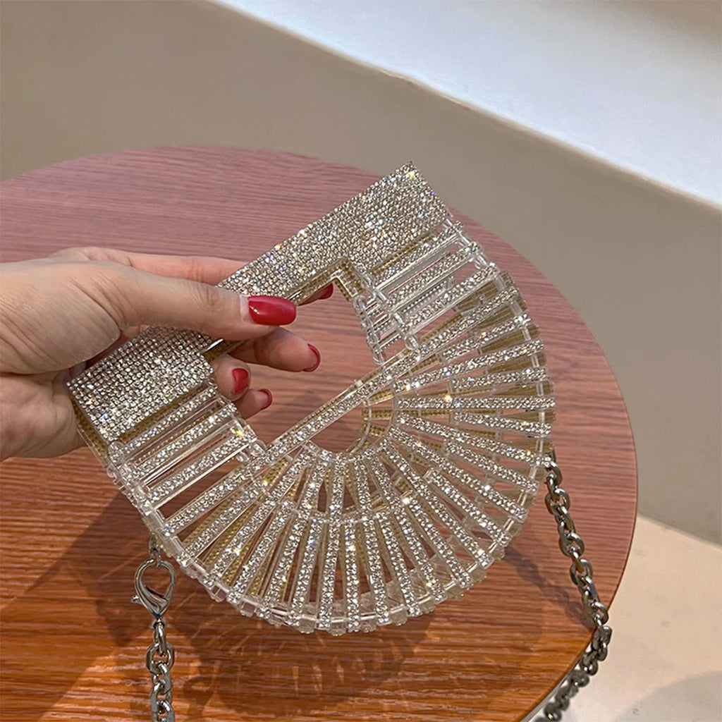 ﻿JIOMAY Half Moon Bag Rhinestone Purse Luxury Designer Handbags  Fan-Shaped   for Women |  Mini Shiny Basket Crystal Wedding Bag