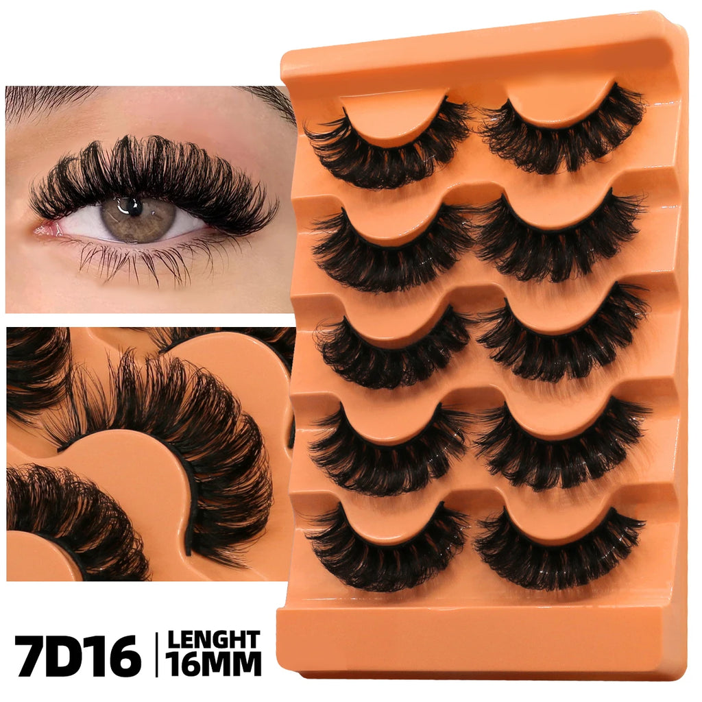GROINNEYA Fluffy Lashes 5 Pairs D Curl 3D Mink False Eyelashes Thick Volume Russian Strip Lashes Mink Lashes Faux Natural Fake L