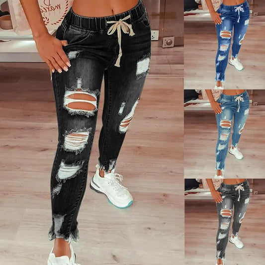 2022 Hot Sale Women Ripped Elastic Waist Jeans Fashion Slim High Stretch Denim Pencil Pants Large Size Trousers S-5XL Drop Ship