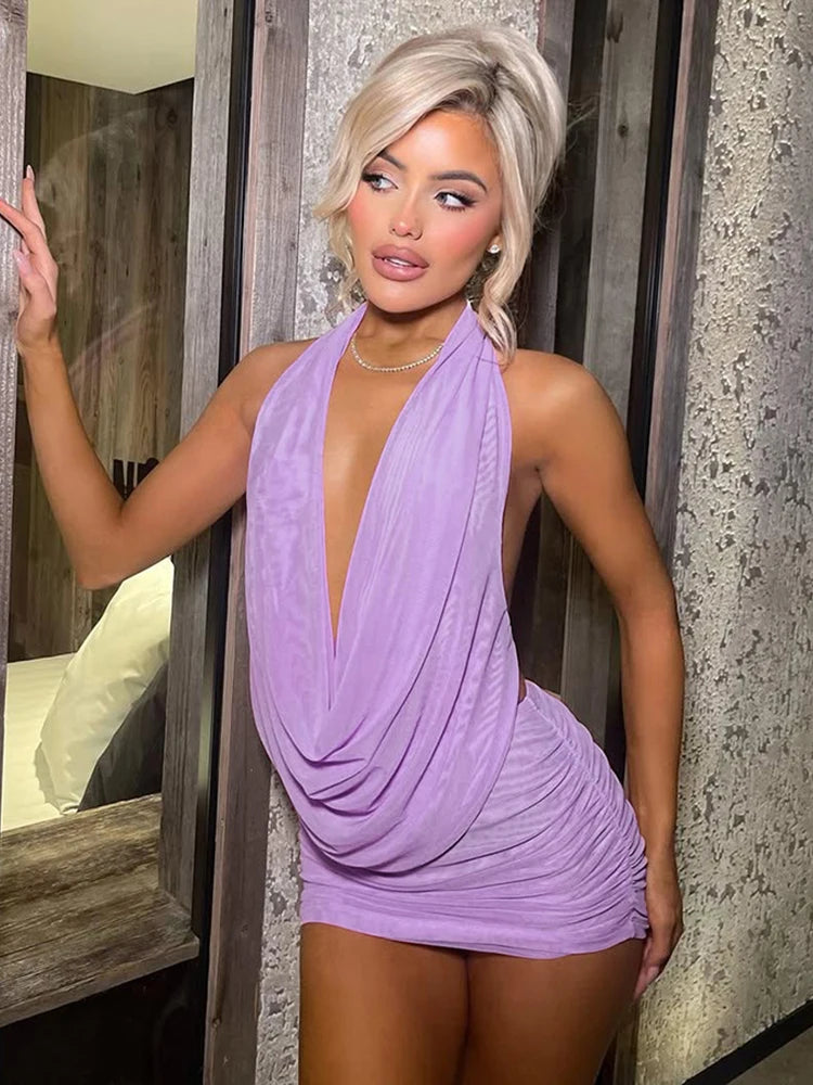 Women’s Mesh Pleated 2‑Piece Set – Halter Backless Top + Shirred Mini Skirt | Summer Chic Co‑ord Outfit