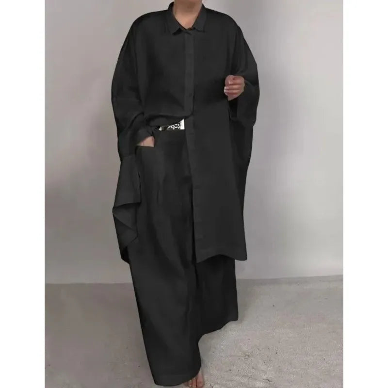 Casual Ladies Long Sleeve Single Breasted Straight Wide Leg Sets Fashion Women Set Elegant Solid 2 Piece 2025 New Pants Sets