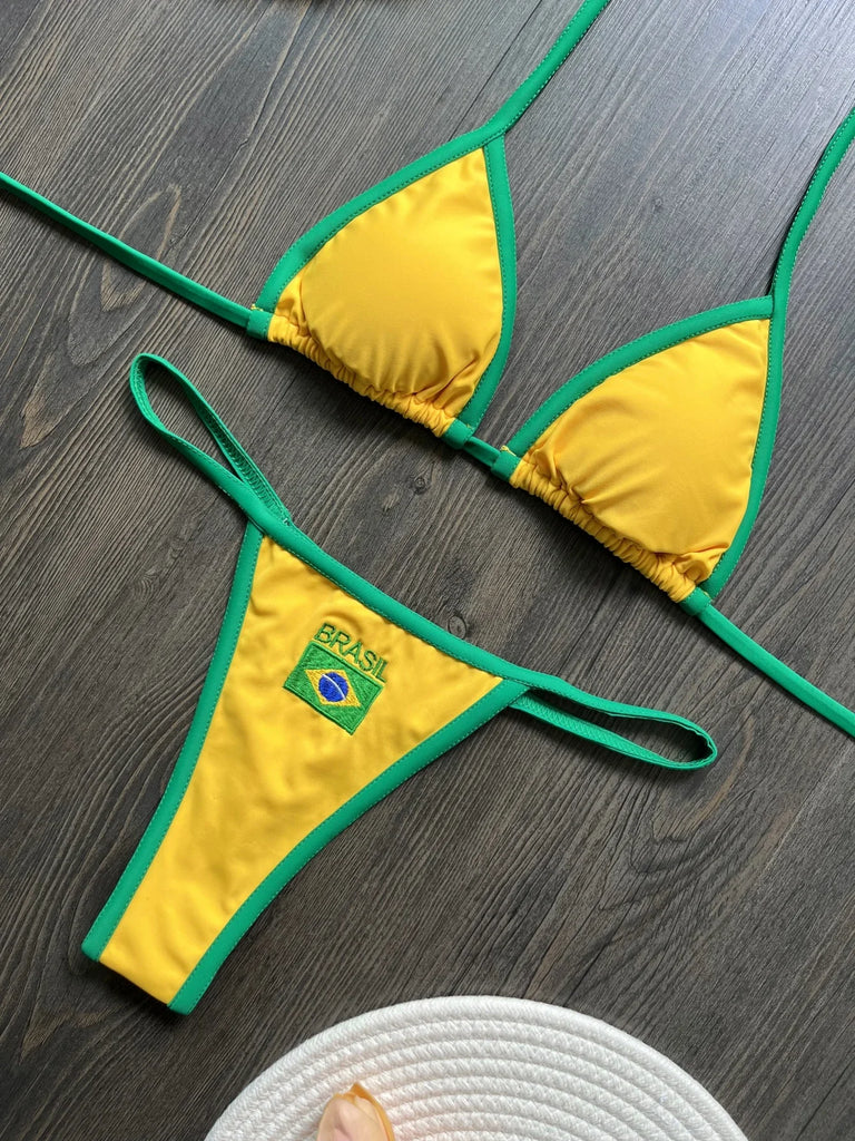 2026 Sexy Embroidery Brasil Flag Contrast Split Bikini Set Women Swimwear Patchwork Swimsuit Hottie Outfit SummerBeachwear