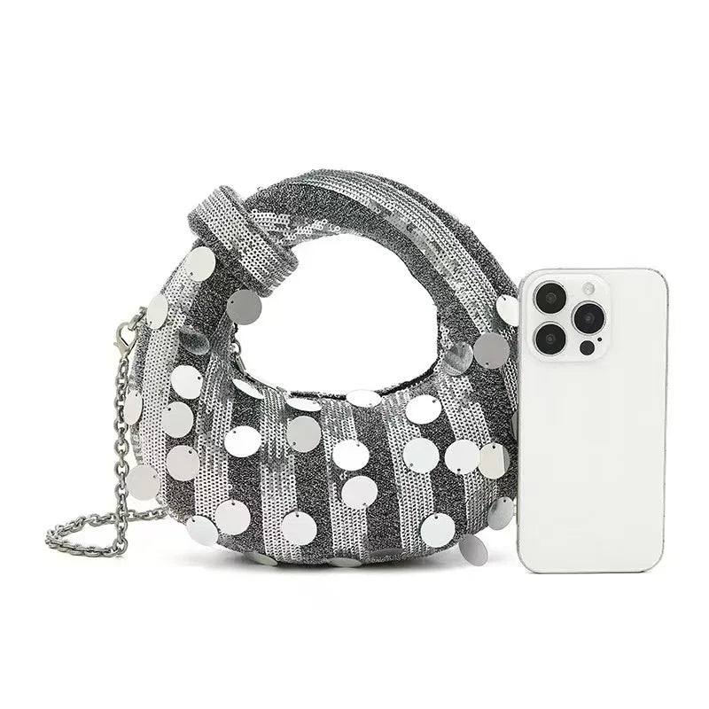 Half Moon Evening Clutch Party Bags For Women Luxury Designer Denim Tassel Rhinestone Handbag Shiny Sequins Chain Shoulder Purse