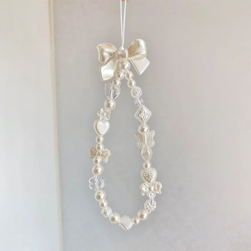 Korean Cute Sweet Butterfly Heart Bow Beaded Phone Chain Charm Lanyard For iPhone Samsung Universal Accessories Jewelry Pendant