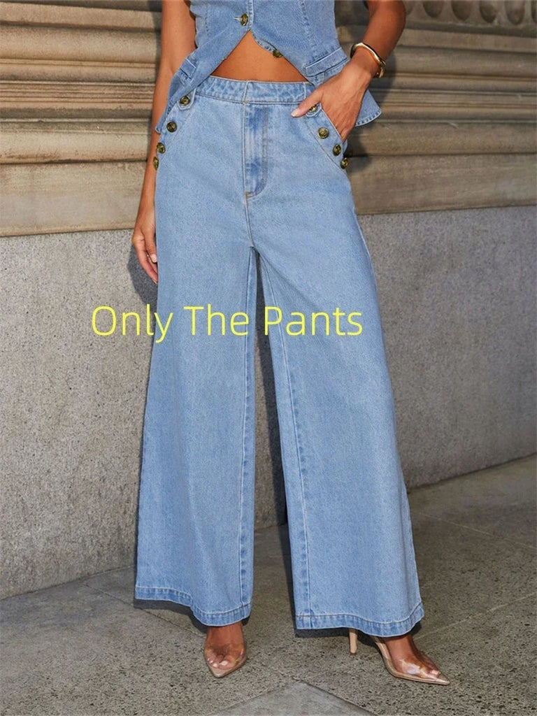 Streetwear Denim 2 Piece Sets Women Outfit Summer Clothes Women 2025 Sleeveless Vest Top Wide Leg Pants Sets Jeans Two Piece Set