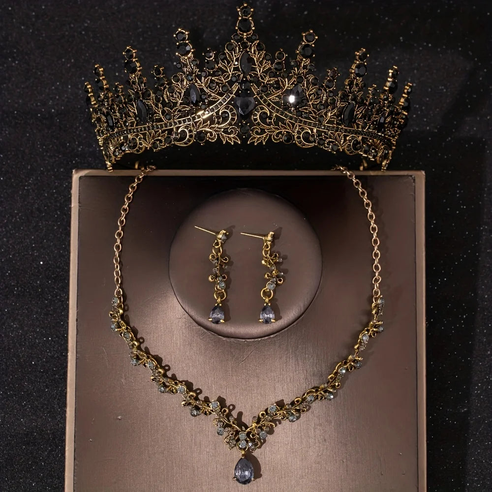 3 Pcs Luxury Silver Color Crystal Water Drop Bridal Jewelry Set Rhinestone Tiara Crown Necklace Earring Set Bridal Wedding Jewel