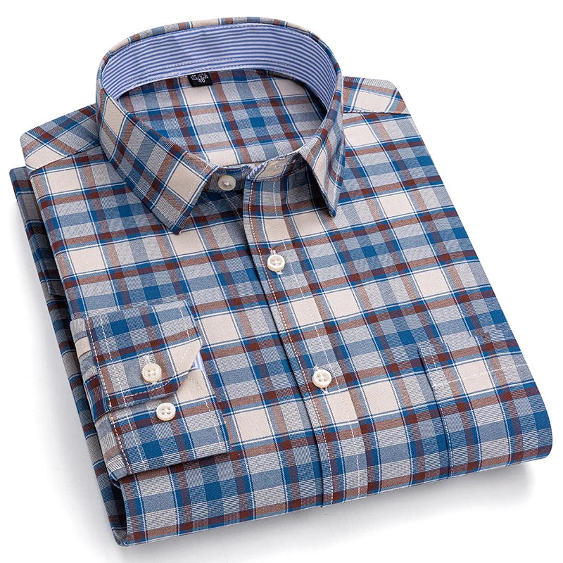 2024 New Quality Men's Social Shirt Long Sleeve 100% Pure Cotton Oxford Soft Plaid Formal Male Clothes Oversized Shirt S-7XL