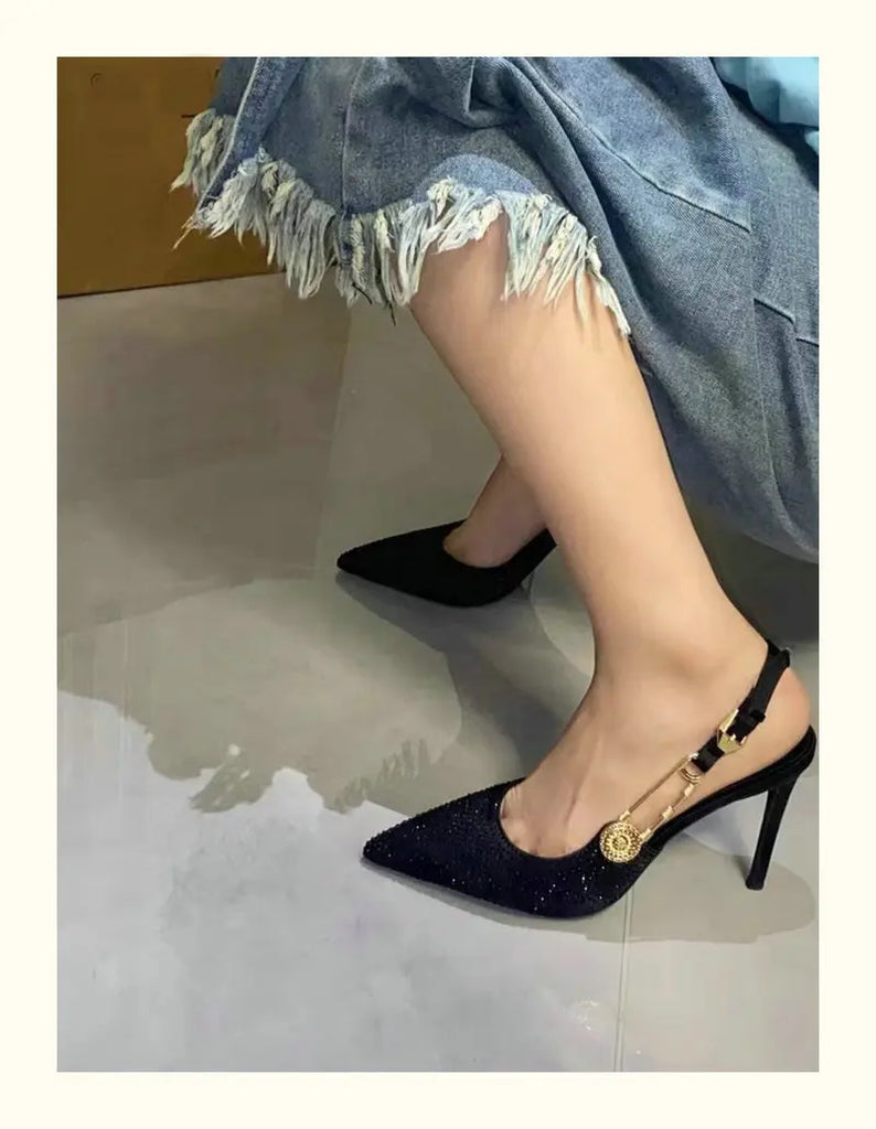 Bling Diamond High Heels Women 2025 Spring Pumps New Pointy Head After Empty Sexy Metal Girl Temperament Baotou French Sandals