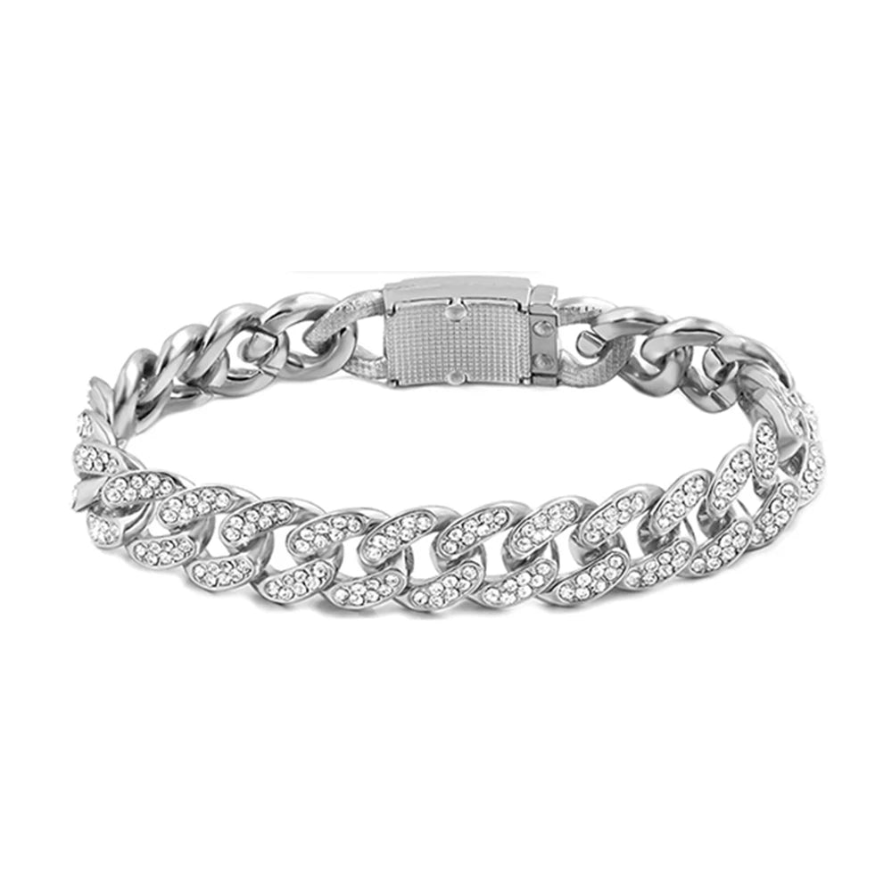 1Pcs 13/14MM Cuban Chain Bracelet for Men Women Prong Miami Rhinestones Cuban Bracelets Wristband Hiphop Gifts Jewelry
