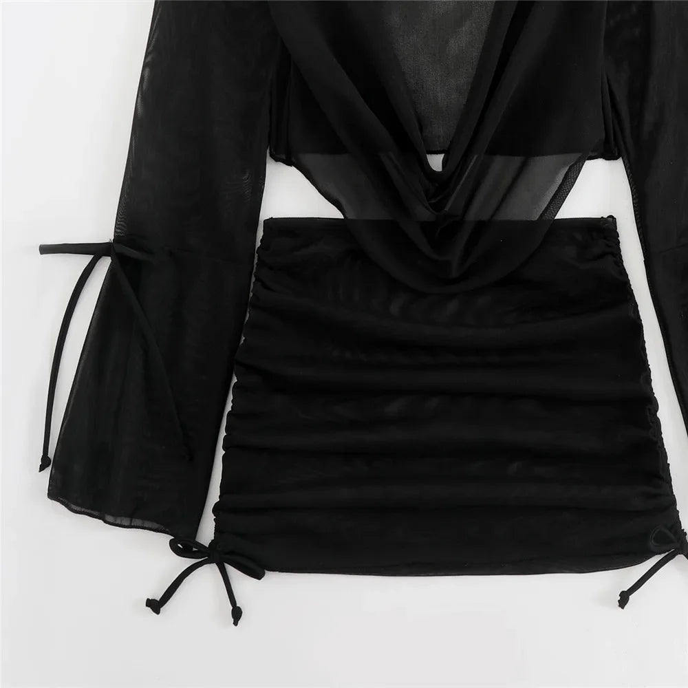 Women’s Brown Halter String Triangle Bikini Set — 4‑Piece Mesh Smock Cover‑Up Swimwear with Metal Ring Details