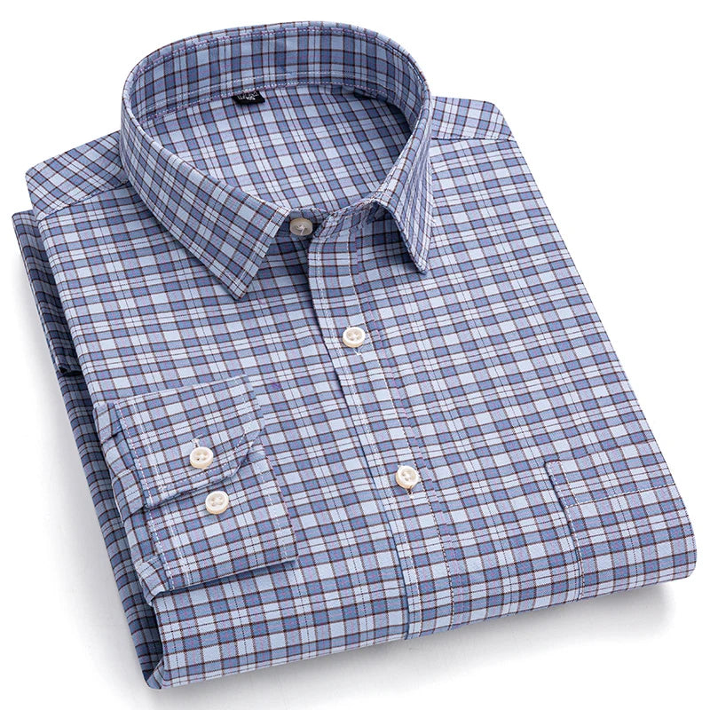 2024 New Quality Men's Social Shirt Long Sleeve 100% Pure Cotton Oxford Soft Plaid Formal Male Clothes Oversized Shirt S-7XL