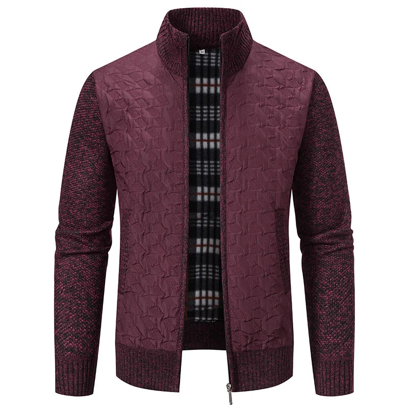 Mens Windproof Jacket Full Zip Fleeced Sweater Cardigan Contrast Stand Collar Sweaters Coat Autumn Winter Velvet Clothes