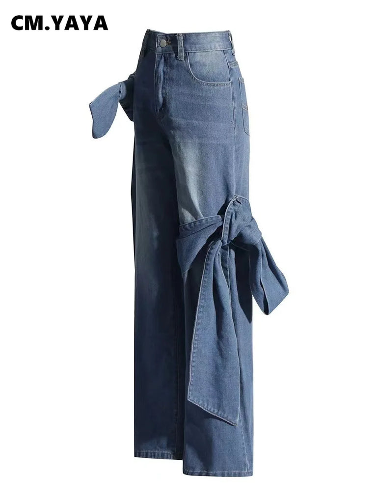 CM.YAYA Women Street Fashion High Waist Zipper Fly Wide Leg Straight String Jeans Trousers 2024 Summer Chic Denim Pants