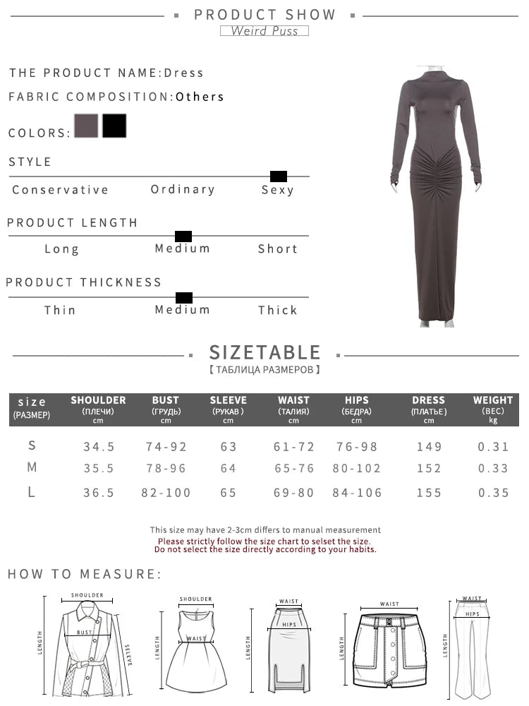 Women’s Ruched Long‑Sleeve Bodycon Dress – O‑Neck Slim Fit Hipster Pleated Autumn Classic