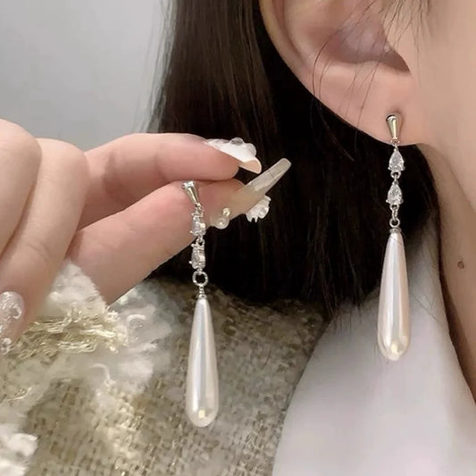 Geometric Zircon Simulated-pearl Water Drop Pendant Women's Earrings Classic Trendy Style Versatile Chinese Style Jewelry Gift