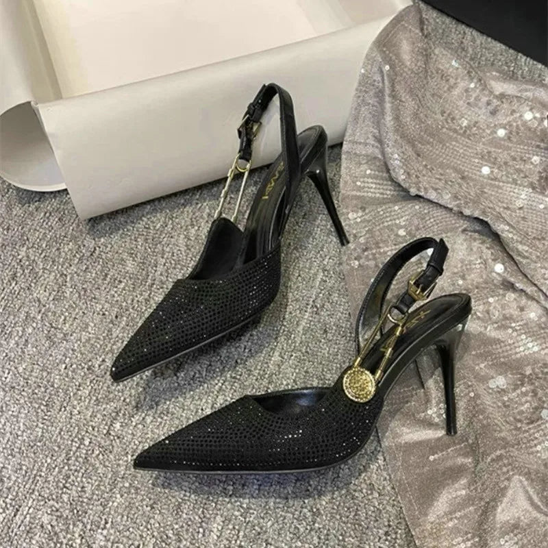 Bling Diamond High Heels Women 2025 Spring Pumps New Pointy Head After Empty Sexy Metal Girl Temperament Baotou French Sandals