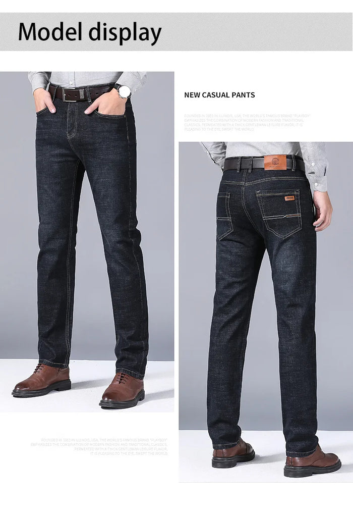 Men’s Soft Black Biker Jeans – Classic Stretch Denim Pants (Sizes 32–38) | Masculine Slim/Straight Fit Moto Style
