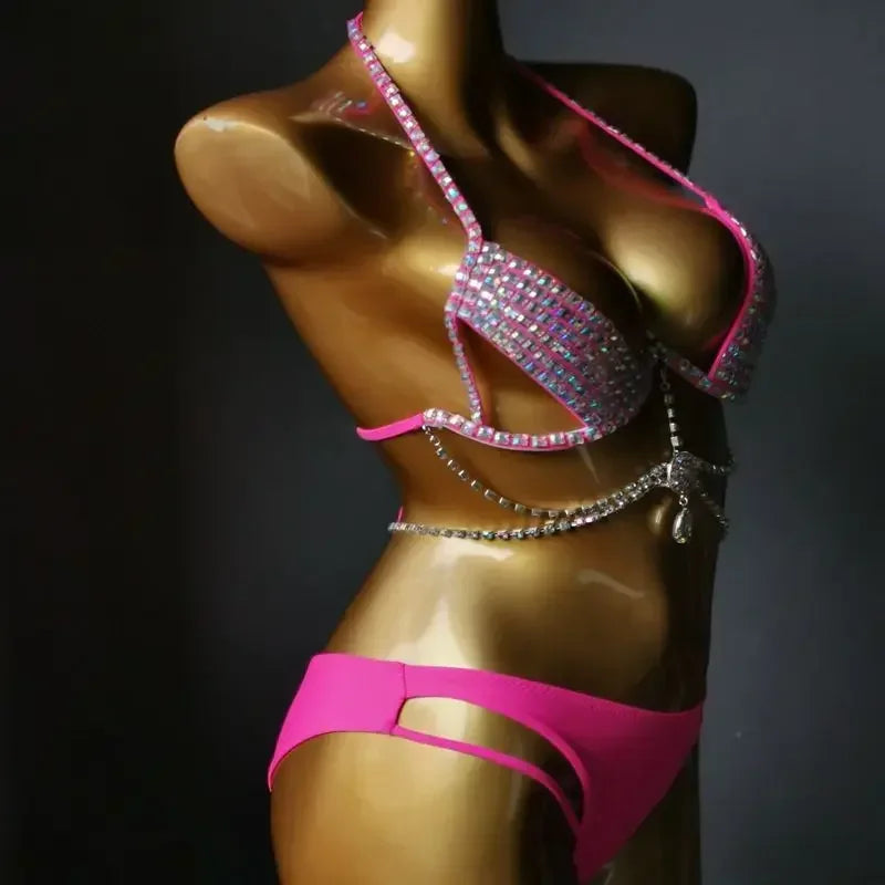 Diamante Bikini Sexy Nightclub Bar DJ Pole Dancing Bikini Sparkly Rhinestones Bra Shorts 2-Piece Set Party Performance Costume