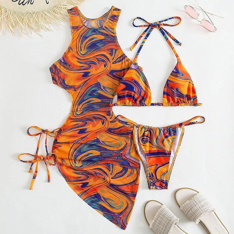Women’s 3‑Piece Leopard Halter Bikini Set — Sexy Backless Bandage Swimsuit with Beach Cover‑Up (2026 Swimwear)