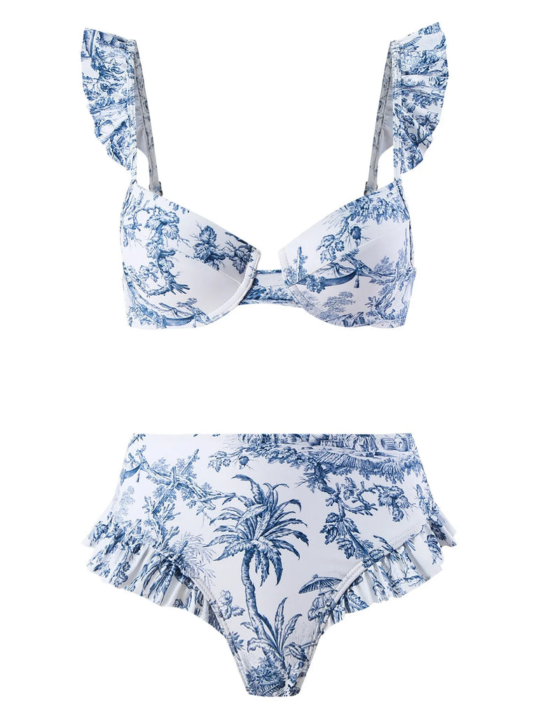 S- XL Printed Underwired Female Swimsuit High Waist Bikini Women Swimwear Three-pieces Bikini set Bather Bathing Suit Swim V4106