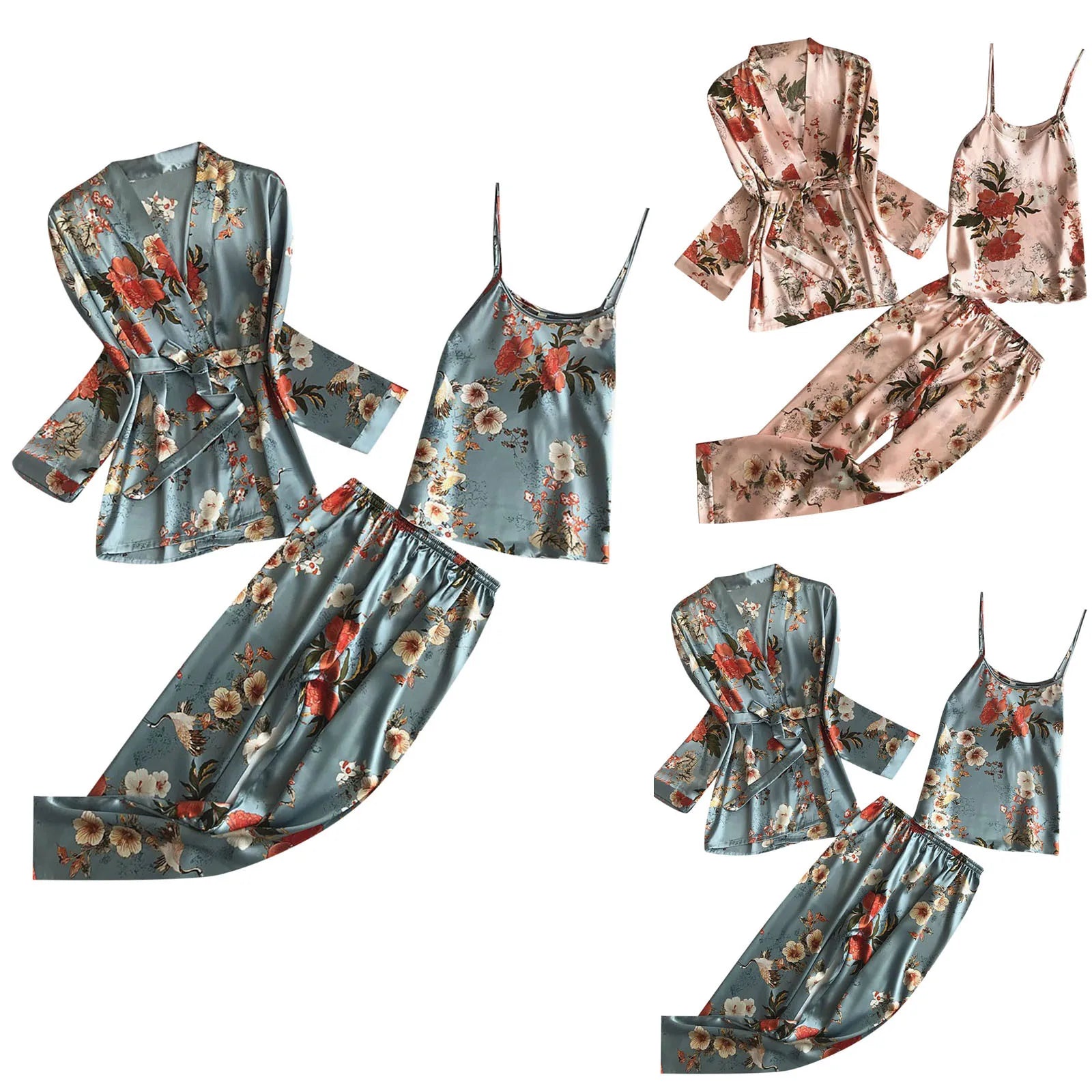 Women's Pajamas Sets Soft Silky Satin Folral Print Homewear Three Piece Home Suit Tank Top And Pants Pajamas Set With Nightgowns