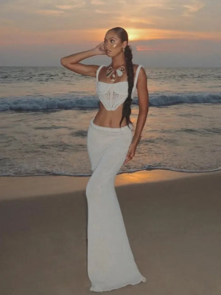 Women’s Crochet Halter Bikini Top & Fishtail Skirt Set – Hollow‑Out Backless Beachwear Outfit