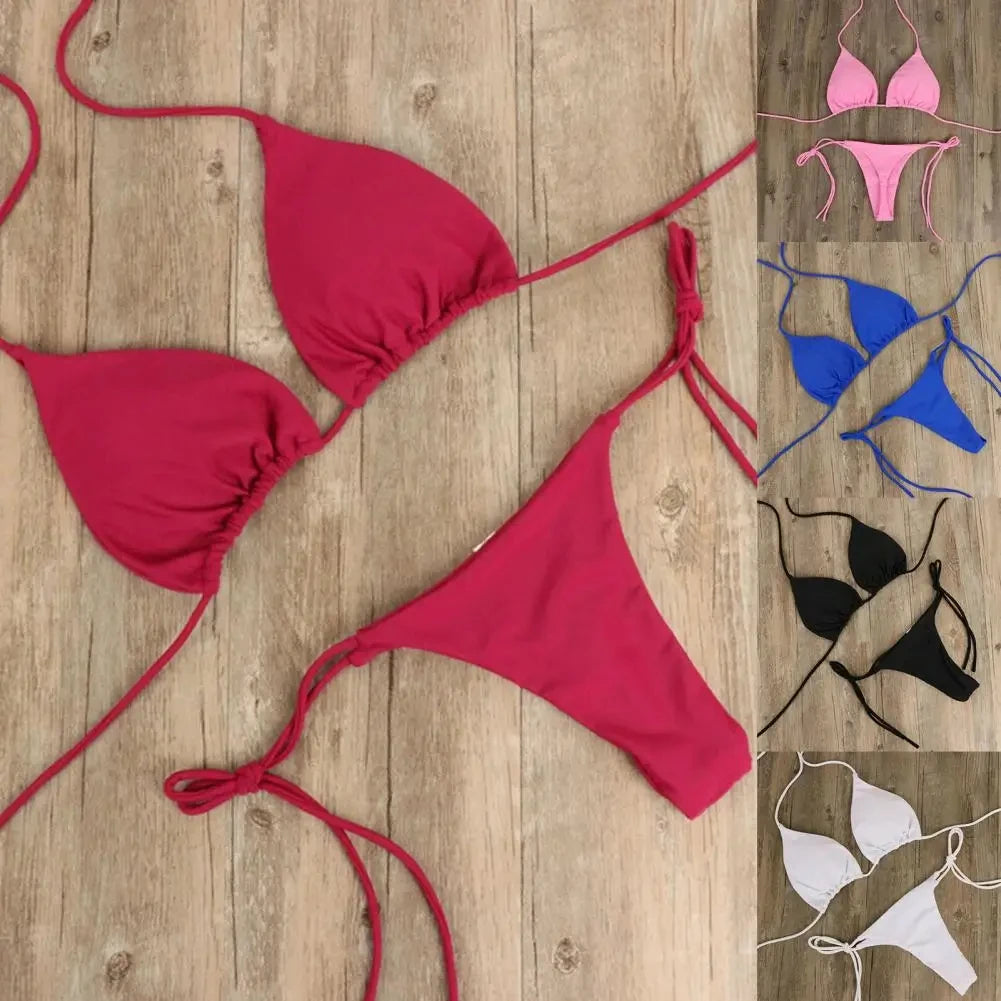 Women’s 2025 Solid Halter Triangle Bikini – Two‑Piece Thong Swimsuit for Summer Beachwear