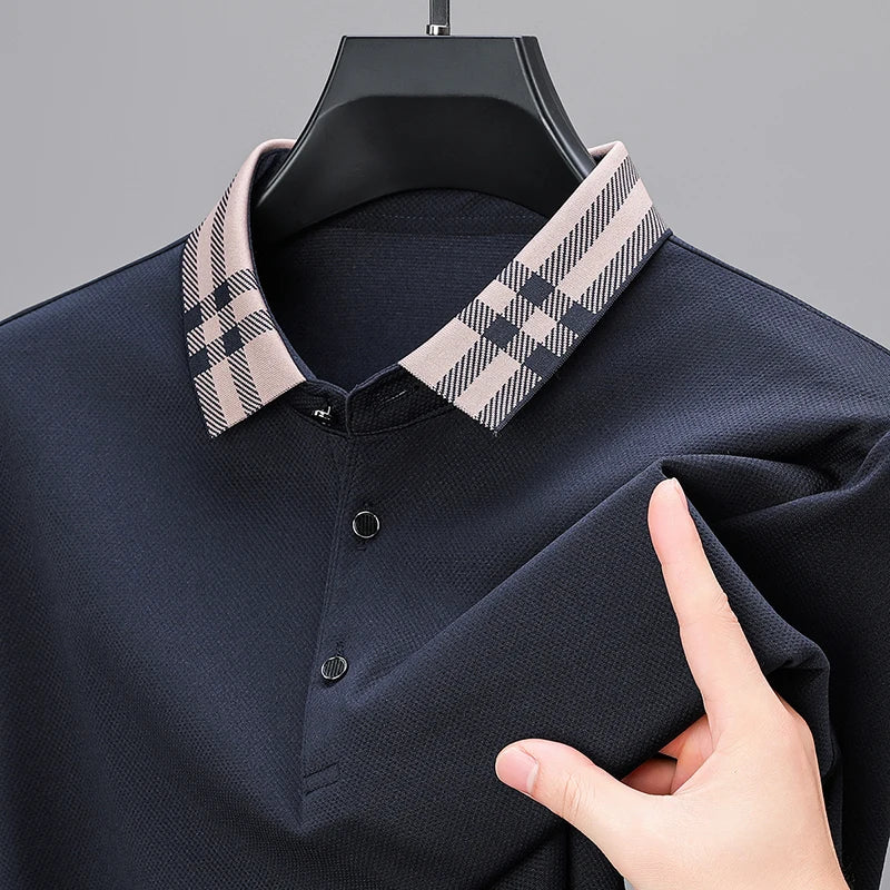 Men’s Light‑Luxury Long‑Sleeve Striped Polo Shirt