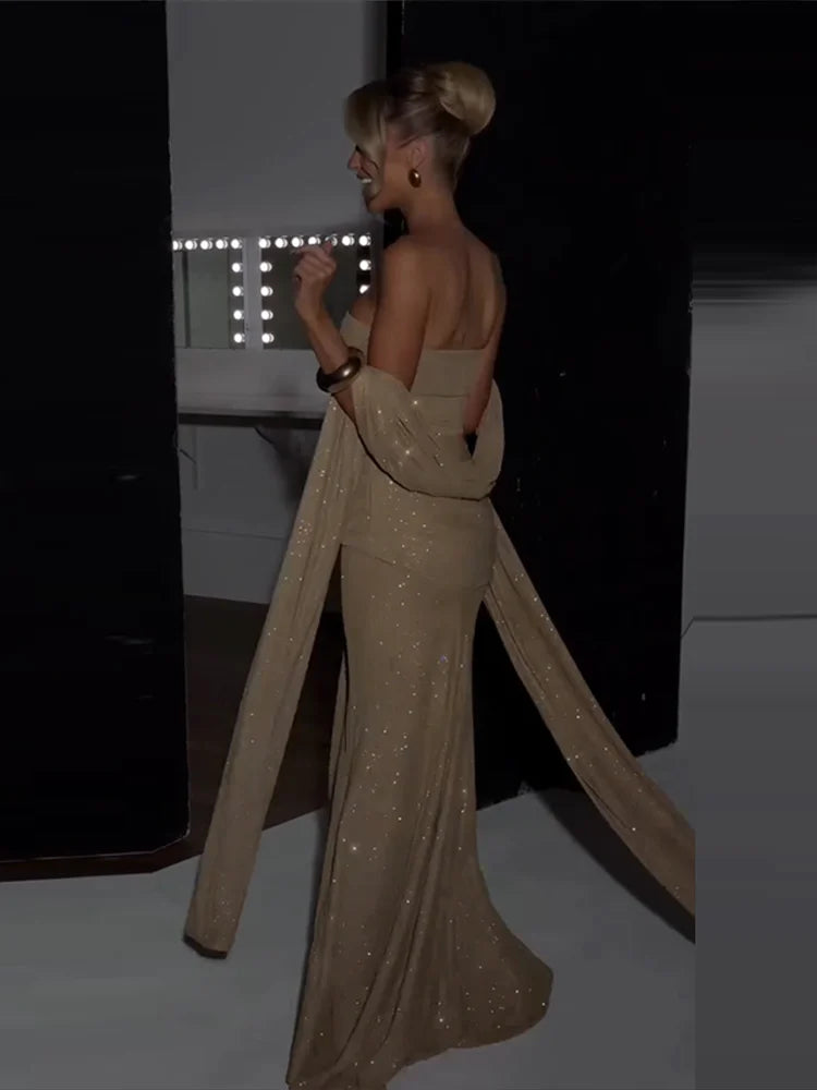 Sexy Ribbon Sparkle Strapless Draped Maxi Dress Women Sleeveless Backless Bodycon Long Dresses 2025 New Lady Club Party Robes
