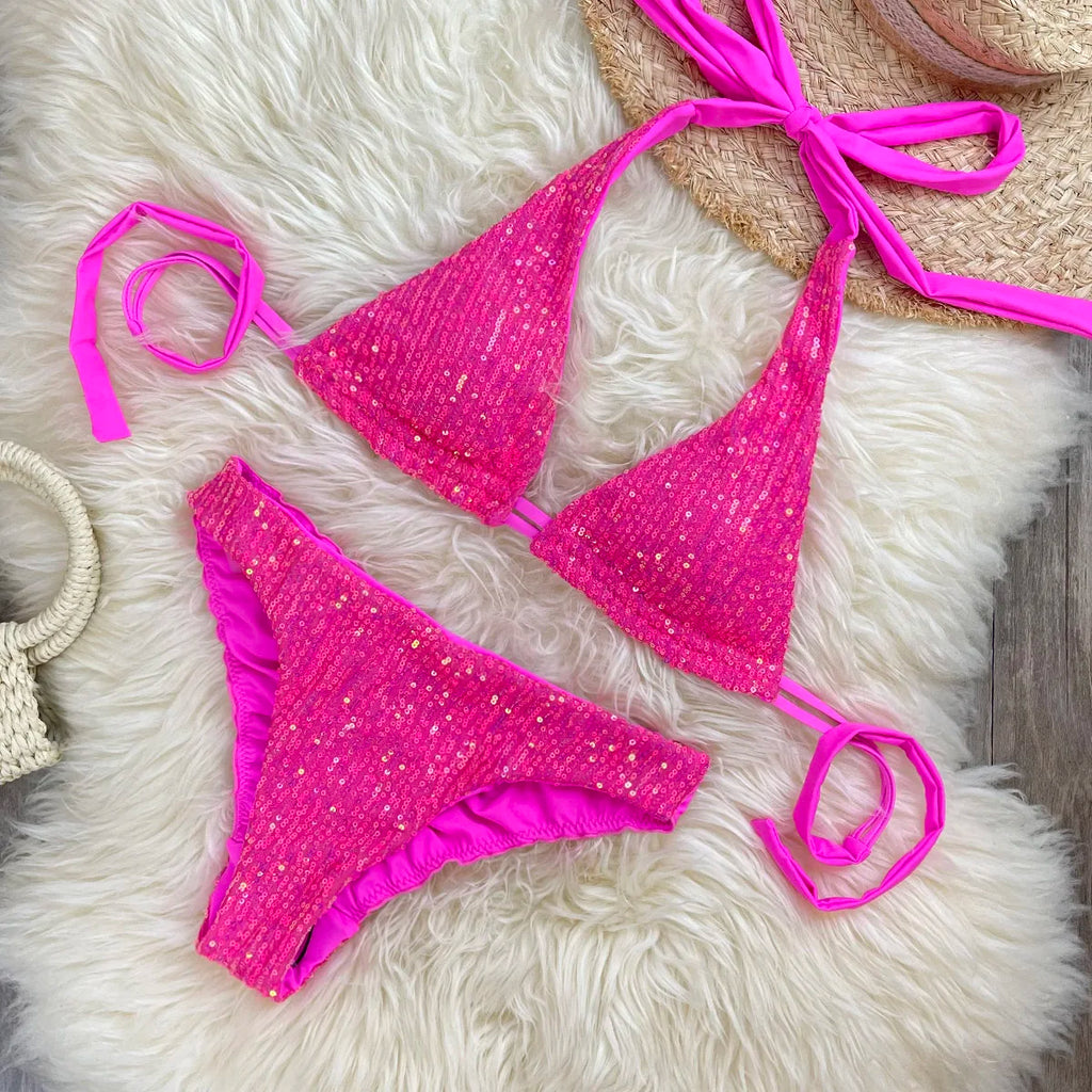 Melphieer Sequins Sparkle Bikini Set — Strappy Bandage Ruching Bum Two‑Piece Swimsuit for Beach, Pool & Holiday Outfits