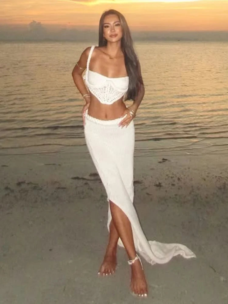 Women’s Crochet Halter Bikini Top & Fishtail Skirt Set – Hollow‑Out Backless Beachwear Outfit