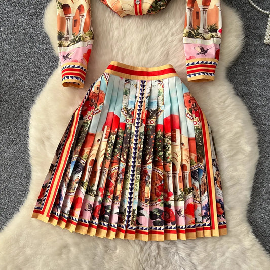 Summer Runway Holiday Gorgeous Flower Skirt Suit Long Sleeve Print Shirt Tops + Pleated Mini Skirt Women's 2 Piece Outfits Skirt